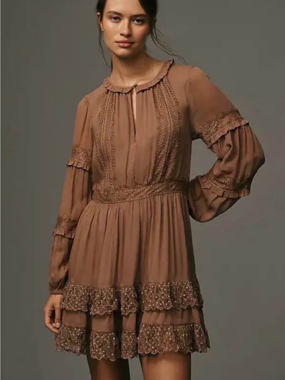 Anthropologie Brown Long Sleeve Tiered Lace Mini Dress